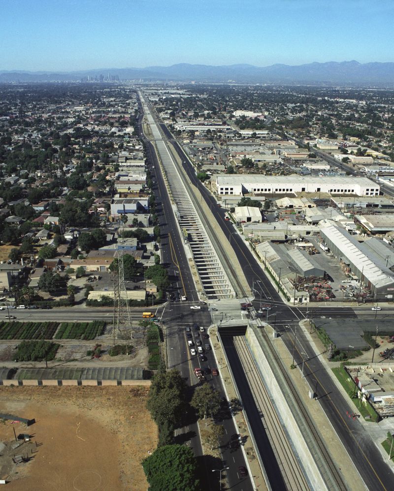 This image shows the trench with downtown Los Angeles and San Gabriel mountains to the North. 