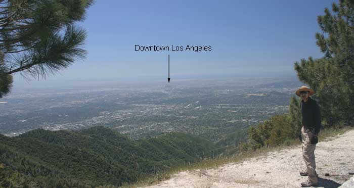 Wide-angle image, taken near Mt. Wilson's visitor parking lot, showing vista from South-West (left) to West (right).