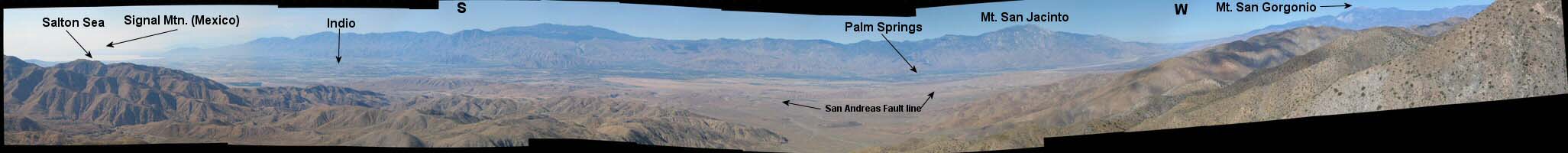 panoramic image from Keys View -- note infamous San Andreas fault line. Also note the elevation gain between Mt. San Jacinto and San Gorgonio. This is the San Gorgonio Pass, through which I-10 passes. This pass maxes out at roughly 2,600 ft near the city Beaumont, California (not visible in this image) 
