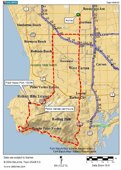 map of Palos Verdes trip bike route