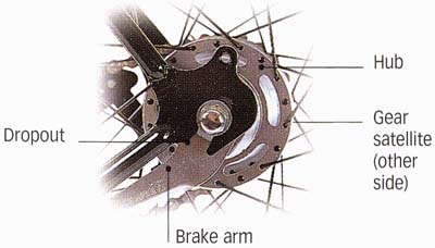 Coaster brake: Dropout; Hub; Gear satellite (other side)
