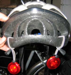 CatEye Red LED flashers on helment rear