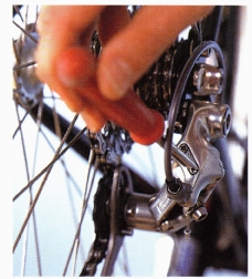 Shift onto the smallest chainring and largest cog. 