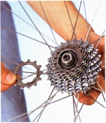 Take off the smallest cog after you have removed the lockring. On many cassettes, the remaining cogs come off in one piece. If they do not, you must put individual cogs back in a certain way. Failure to do so will affect the precision of gear-shifts. Usually, the cogs are marked, so that lining up these marks ensures the correct cog orientation. 