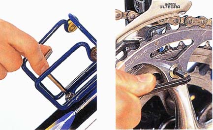 Put the long axis of an Allen key in the Allen bolt to make the key easier to use, both for repeated turns and in places where space is tight or restricted, such as putting a bottle cage on the down tube. Use the short axis of an Allen key to make the final turn when tightening an Allen bolt—for example, on a chainring. You can also use this technique
        to start undoing an Allen bolt.