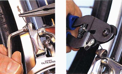 Use needle-nose pliers to hold cables and keep them under tension. Buy a small pair with pointed jaws for tight areas. Keep the jaws clean
        and grease-free. Lubricate the pivot with light oil occasionally.
     Fix a cable crimp onto a brake cable to stop the ends from fraying.
        Push the cable crimp onto the end of the cable and squeeze it flat with
        your pliers. If you are gentle, you can use the inside jaws of your cable
        cutters.