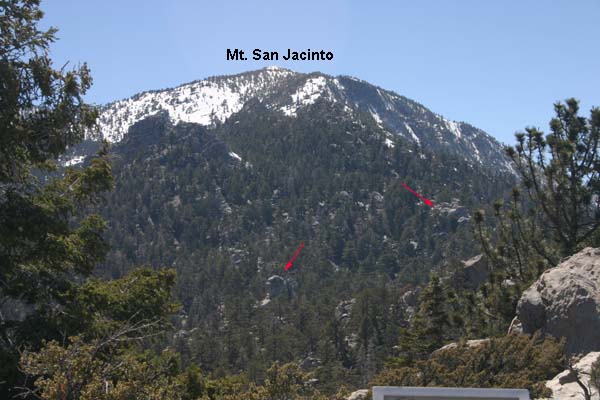 Looking West at Mt. San Jacinto's peak, visible from the Grubb's View point. The peak, at 10,834 ft, is roughly 5 miles from this location. San Jacinto is quite a rocky and rugged mountain as may be noted by the large boulders (red arrows)